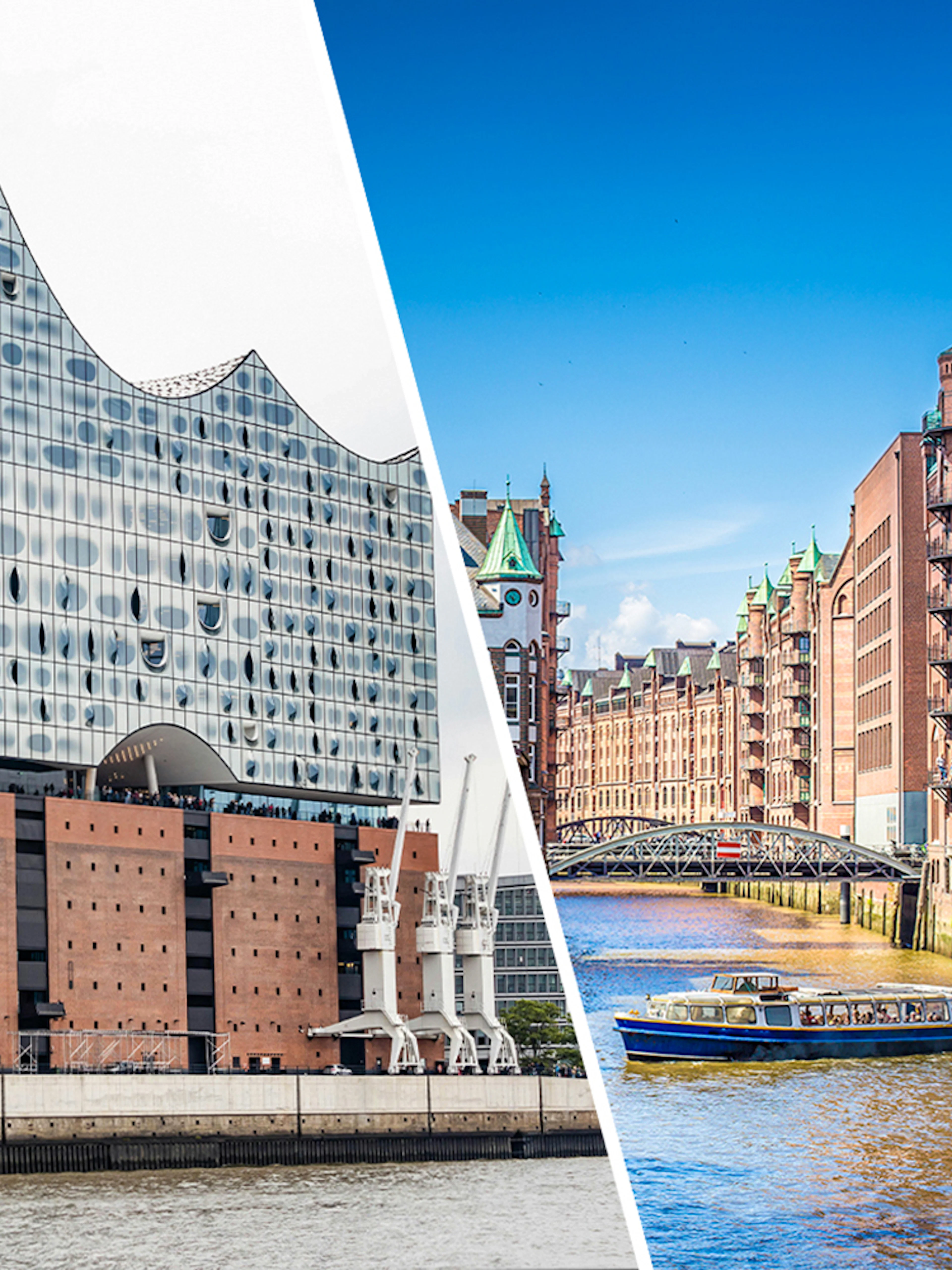 Elbphilharmonie Plaza and Hamburg harbor cruise boat on canal.