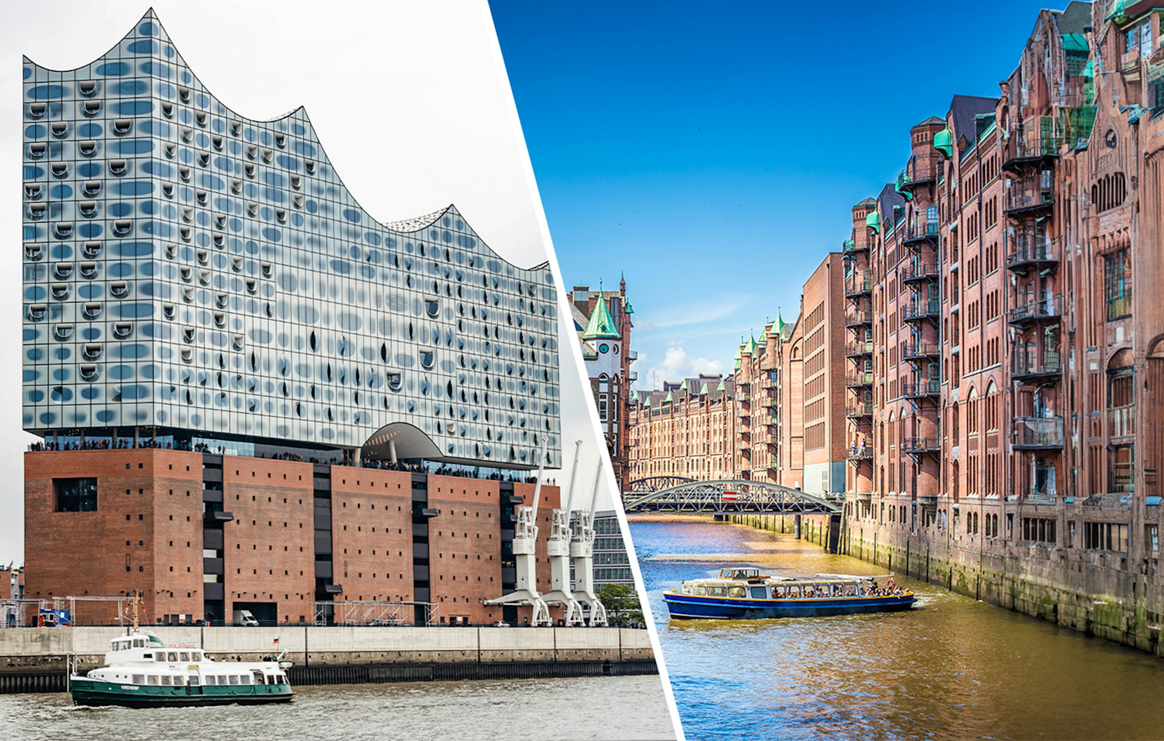 Elbphilharmonie Plaza and Hamburg harbor cruise boat on canal.