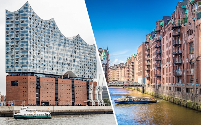 Elbphilharmonie Plaza and Hamburg harbor cruise boat on canal.