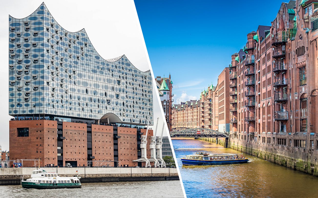 Elbphilharmonie Plaza and Hamburg harbor cruise boat on canal.