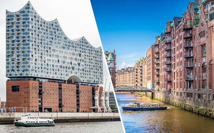 Elbphilharmonie Plaza and Hamburg harbor cruise boat on canal.
