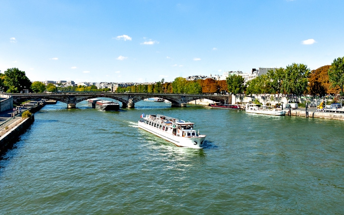 Seine River cruise boat passing under a bridge in Paris.