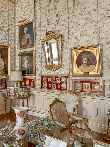 Paintings and portraits in an ornate room at Liria Palace, Madrid.