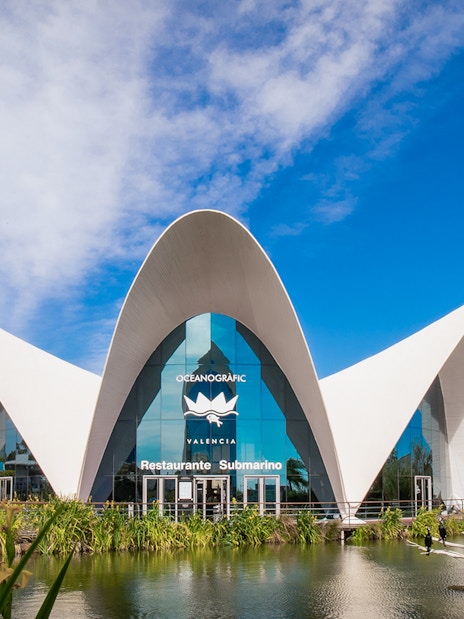 Oceanogràfic Valencia entrance with unique architecture and surrounding pond.