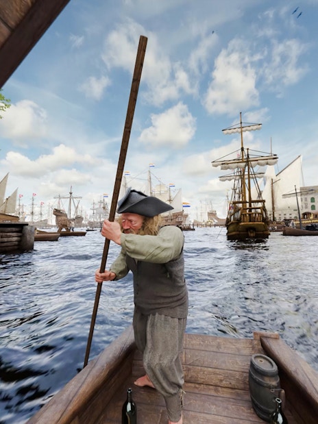 Man rowing a boat in historic Amsterdam harbor with sailing ships in the background.
