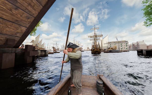 Man rowing a boat in historic Amsterdam harbor with sailing ships in the background.