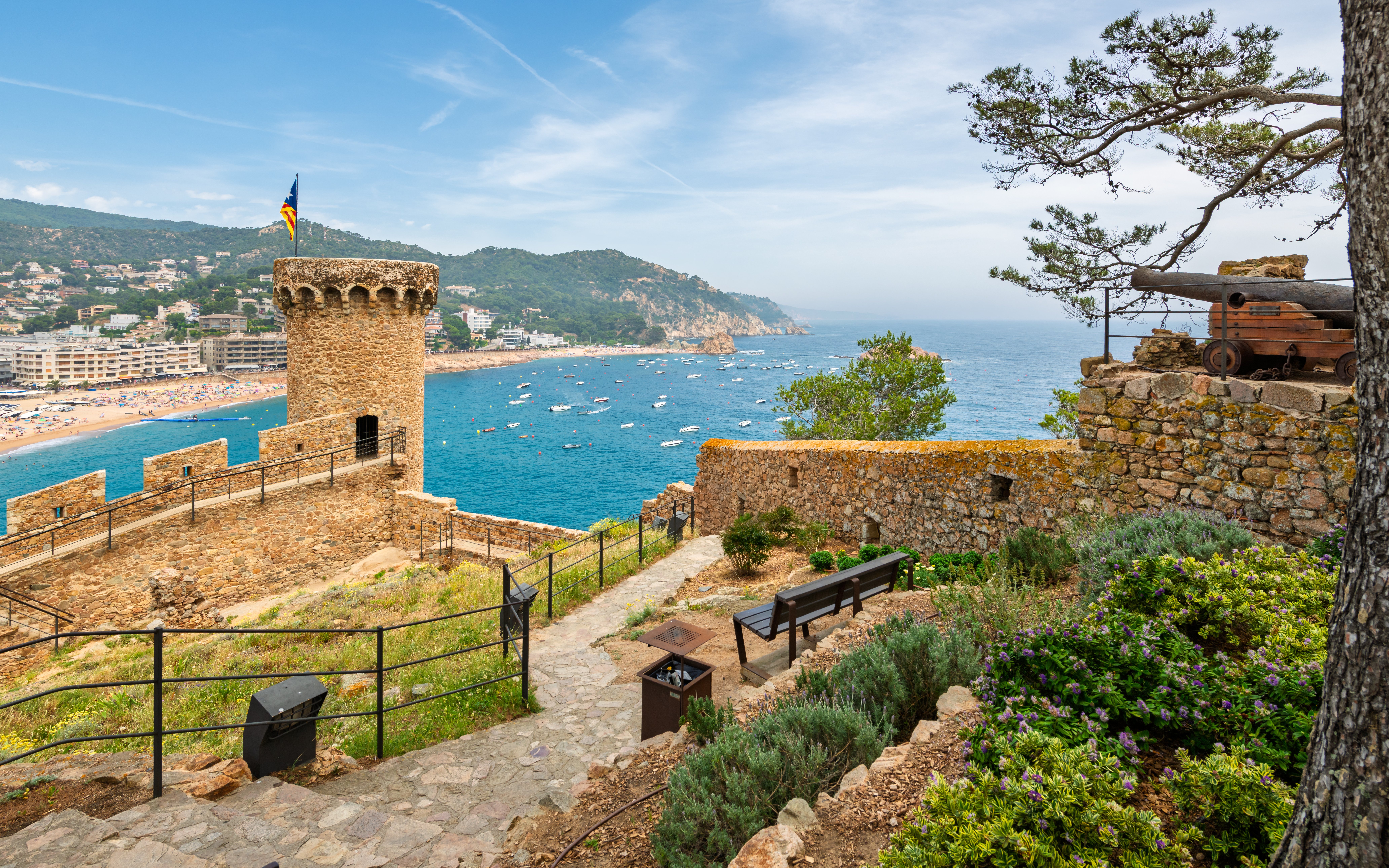 Murallas de Tossa de Mar fortress overlooking beach and town on Costa Brava, Southern Spain.