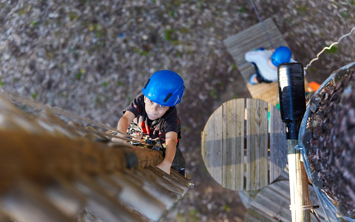 Child climbing a wooden ladder in Ludlow Tuart Forest, Western Australia.
