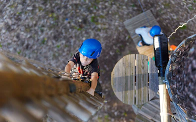 Child climbing a wooden ladder in Ludlow Tuart Forest, Western Australia.