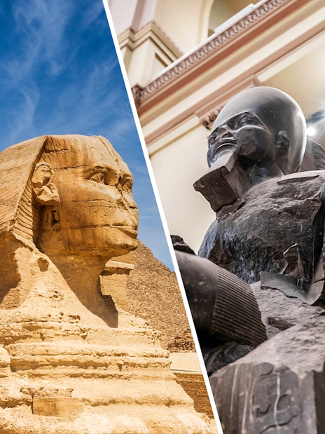 Pyramids of Giza and Sphinx with Grand Egyptian Museum statue, Cairo tour combo.