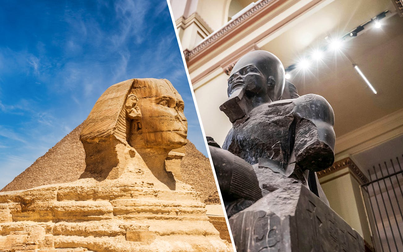 Pyramids of Giza and Sphinx with Grand Egyptian Museum statue, Cairo tour combo.