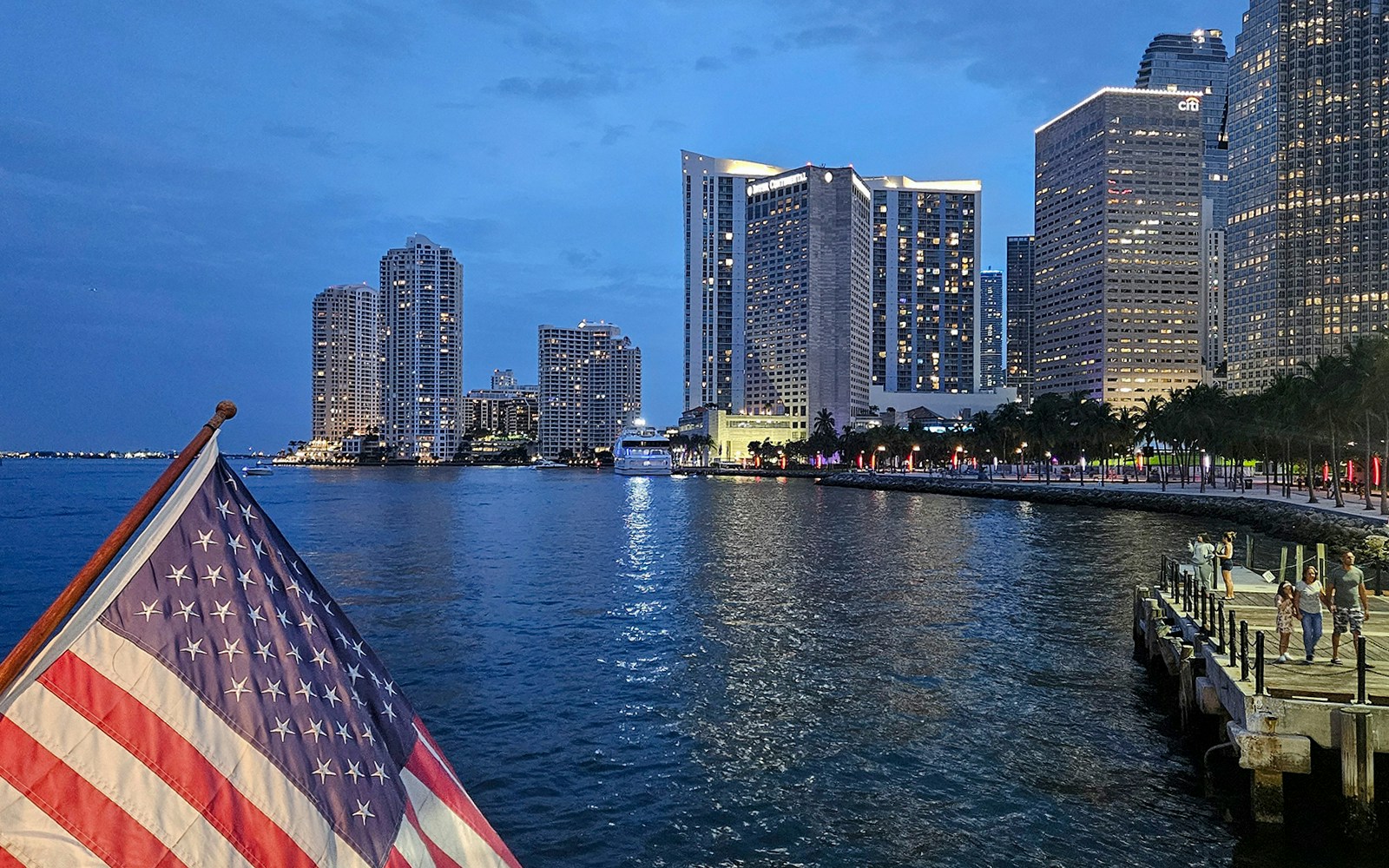 Miami skyline at night during Sunset Cruise South Beach & Biscayne Bay.