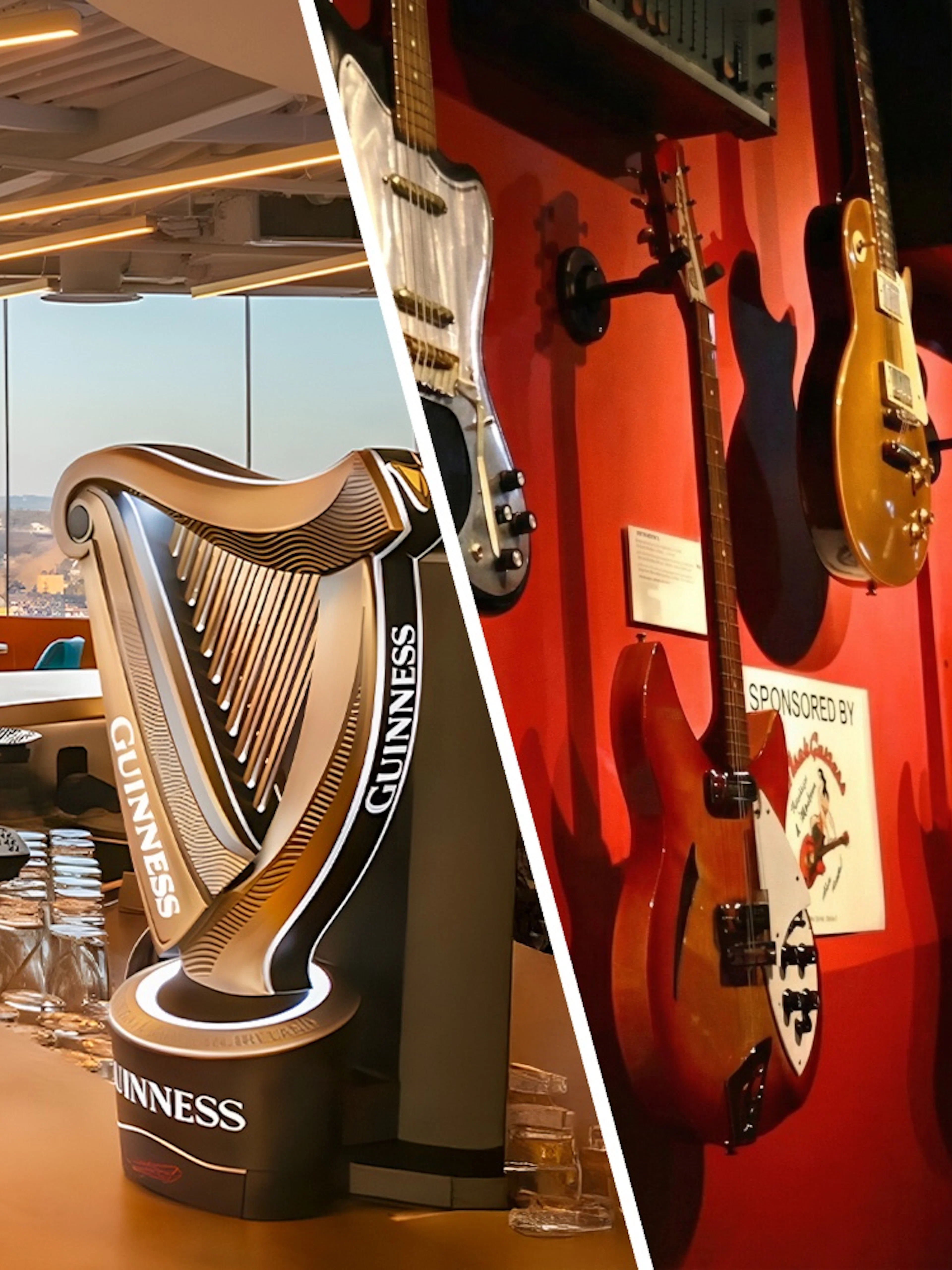 Guinness Storehouse bar taps and guitars at Irish Rock N Roll Museum in Dublin.