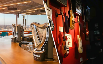 Guinness Storehouse bar taps and guitars at Irish Rock N Roll Museum in Dublin.