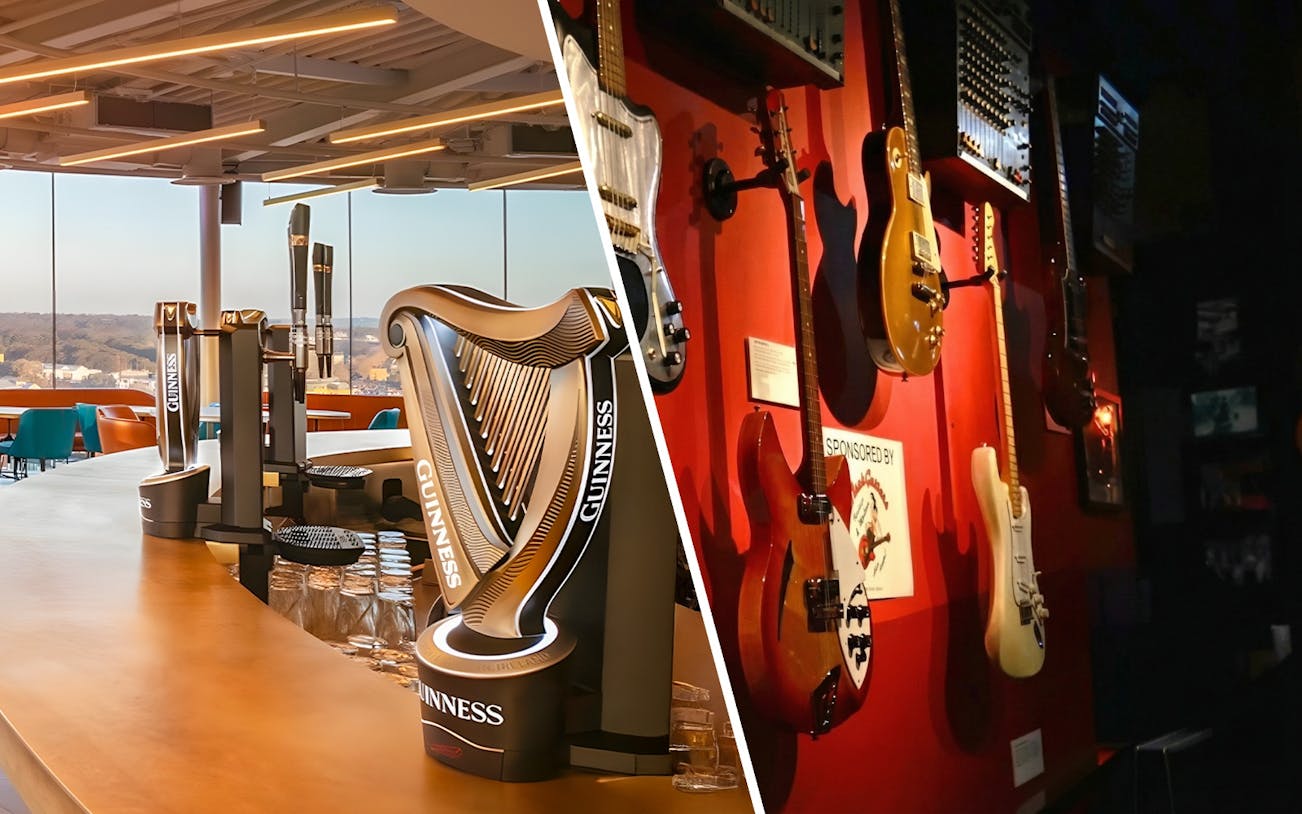 Guinness Storehouse bar taps and guitars at Irish Rock N Roll Museum in Dublin.