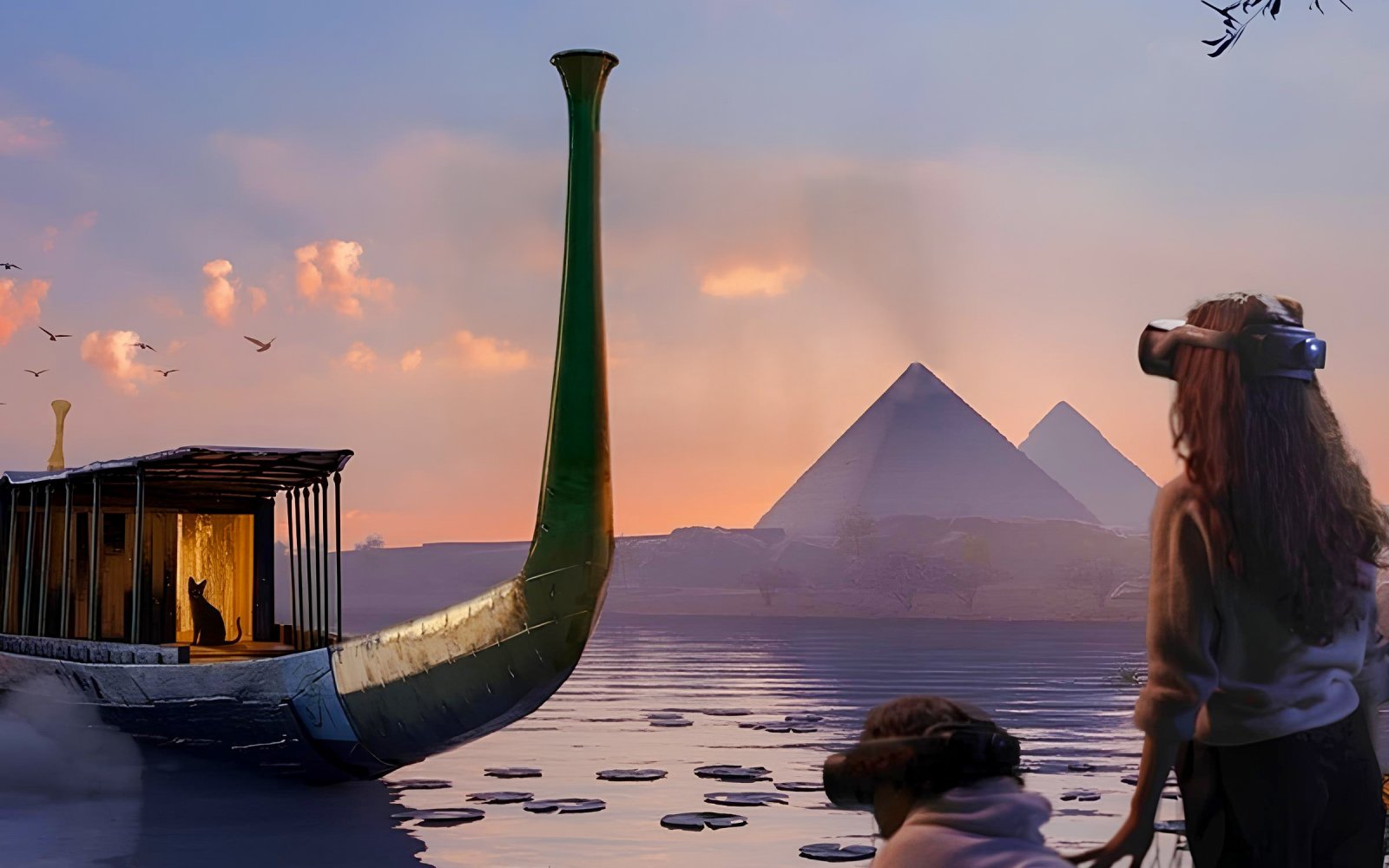 Guests using VR to explore ancient Egyptian boat near pyramids at sunset.