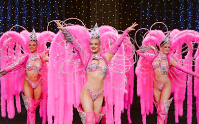 Performers in pink feather costumes at Moulin Rouge Show, Paris.