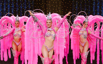 Performers in pink feather costumes at Moulin Rouge Show, Paris.