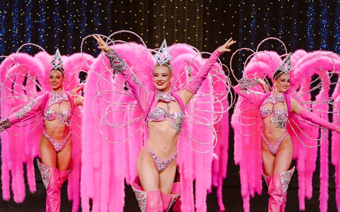 Performers in pink feather costumes at Moulin Rouge Show, Paris.