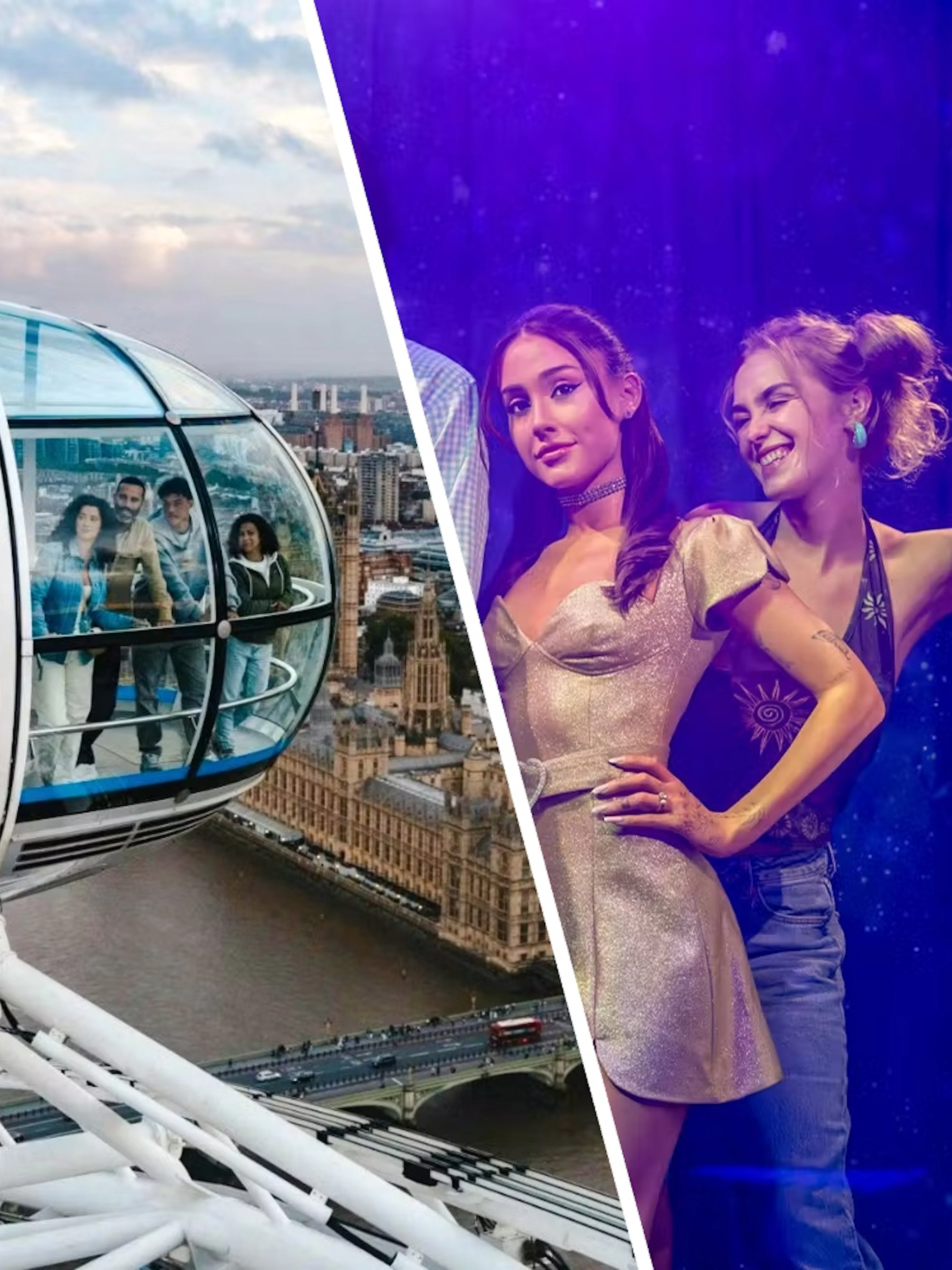 London Eye capsule with tourists and Ariana Grande figure at Madame Tussauds London.
