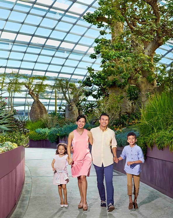 Family walking in Singapore's Gardens by the Bay conservatory, surrounded by lush greenery.
