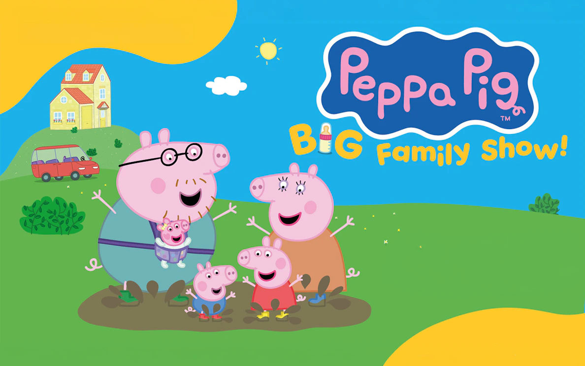 Peppa Pig family in a field promoting Big Family Show Westend.