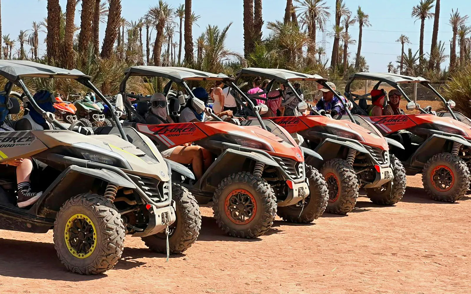 Buggy tour lineup in Marrakech's Palm Oasis with riders preparing for adventure.