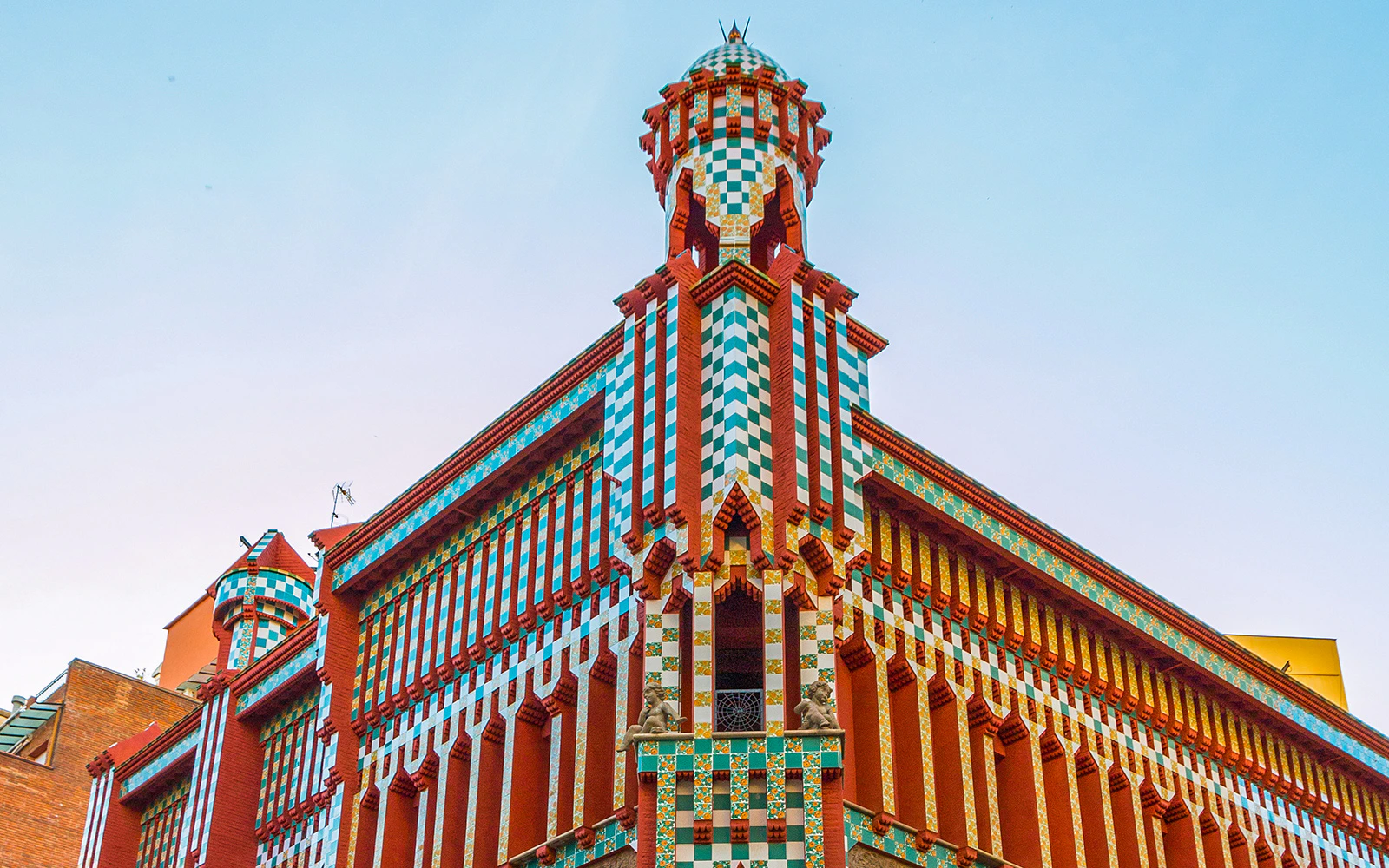 Casa Vicens facade with colorful tiles and unique architecture in Barcelona.