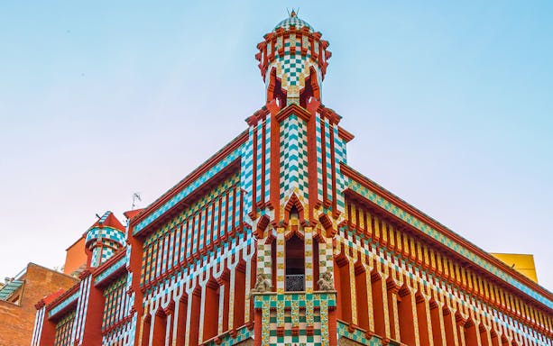 Casa Vicens facade with colorful tiles and unique architecture in Barcelona.