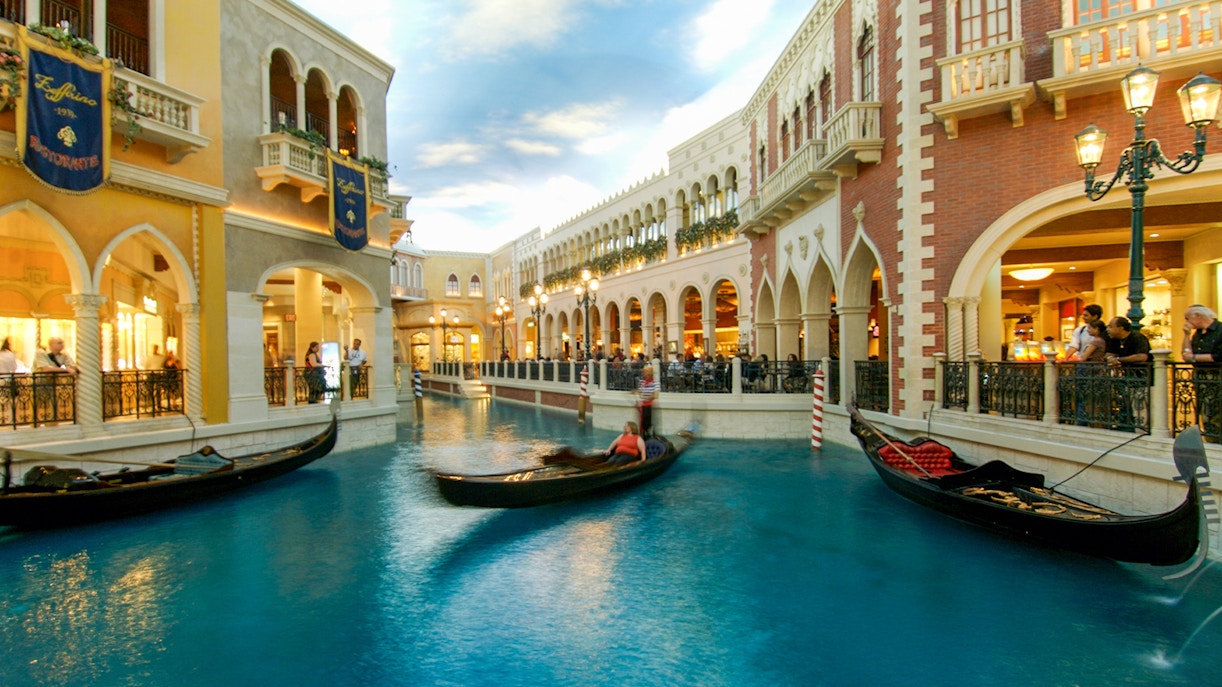 Venetian shops in Las Vegas with gondola ride on indoor canal.