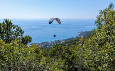 Paraglider soaring over Alanya coastline with sea and forest views.