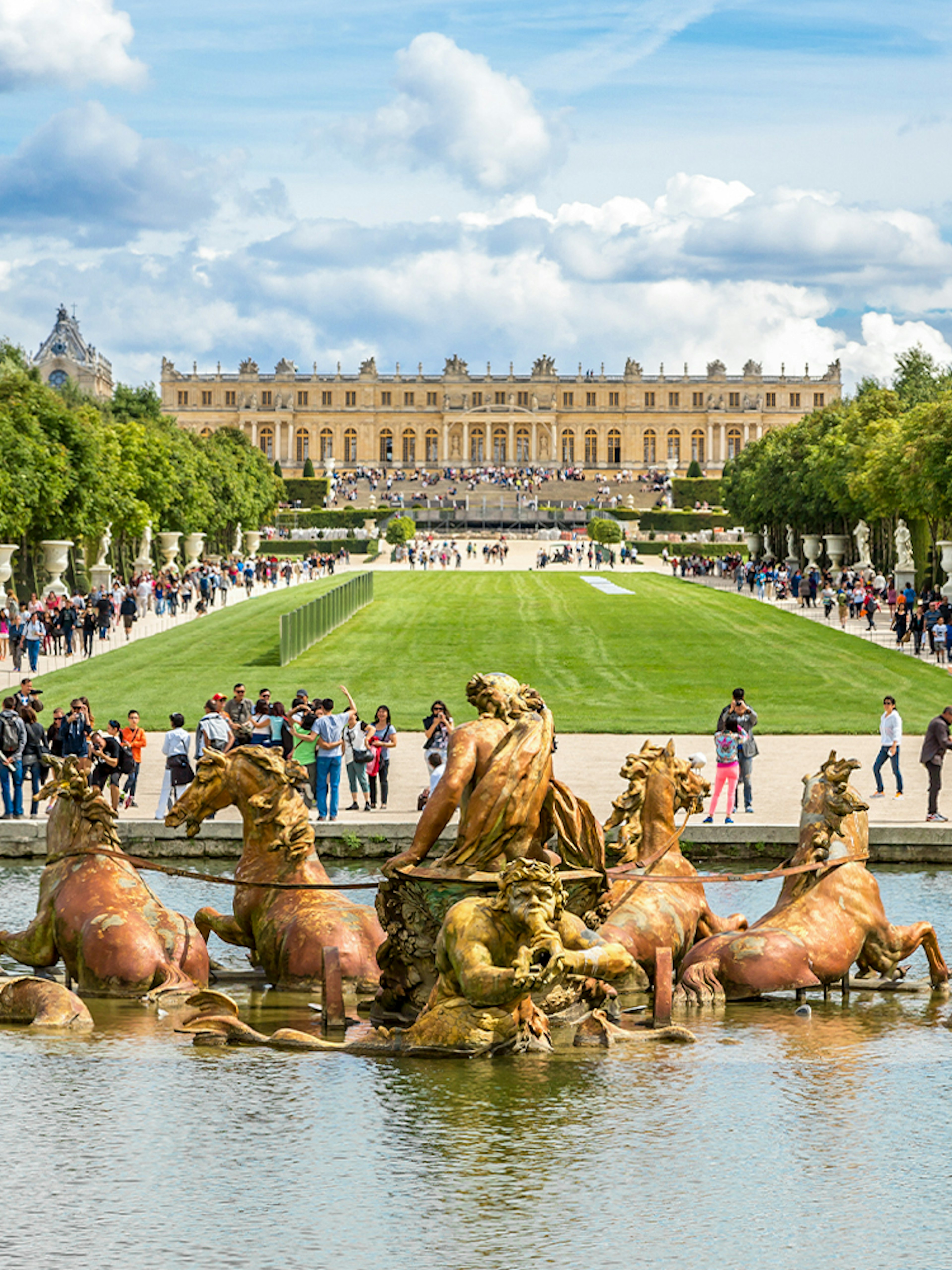 Fountain of Apollo with sculptures in Versailles Palace garden, France.