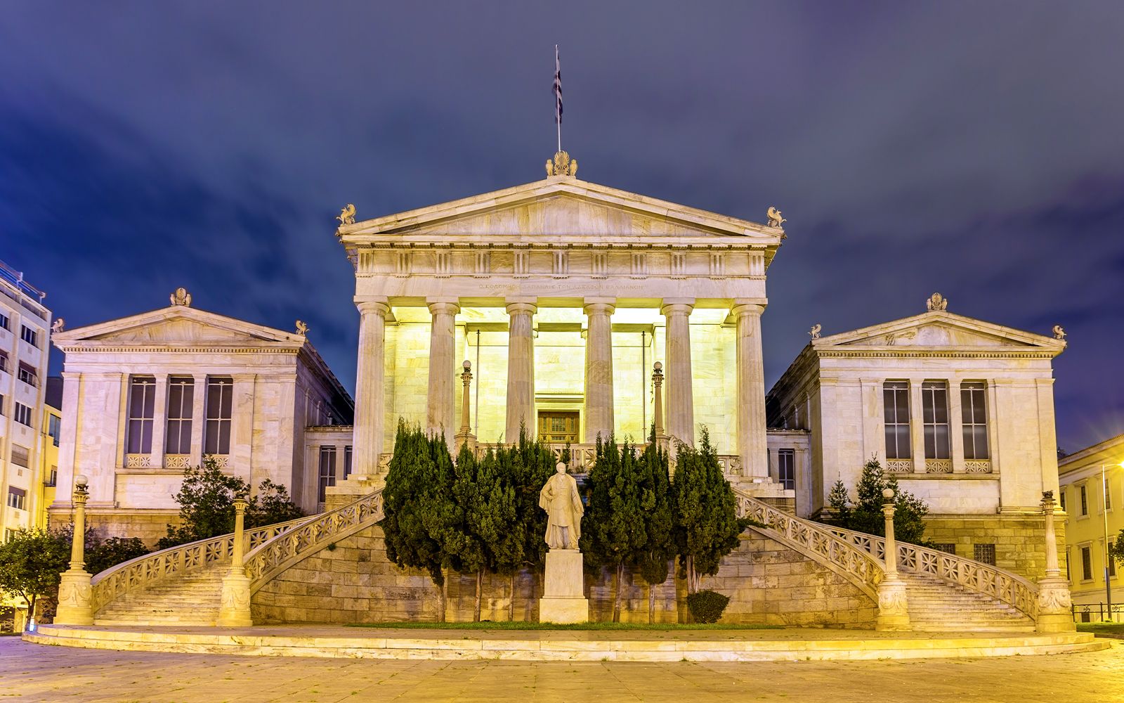 National Library of Greece illuminated at night, Athens.