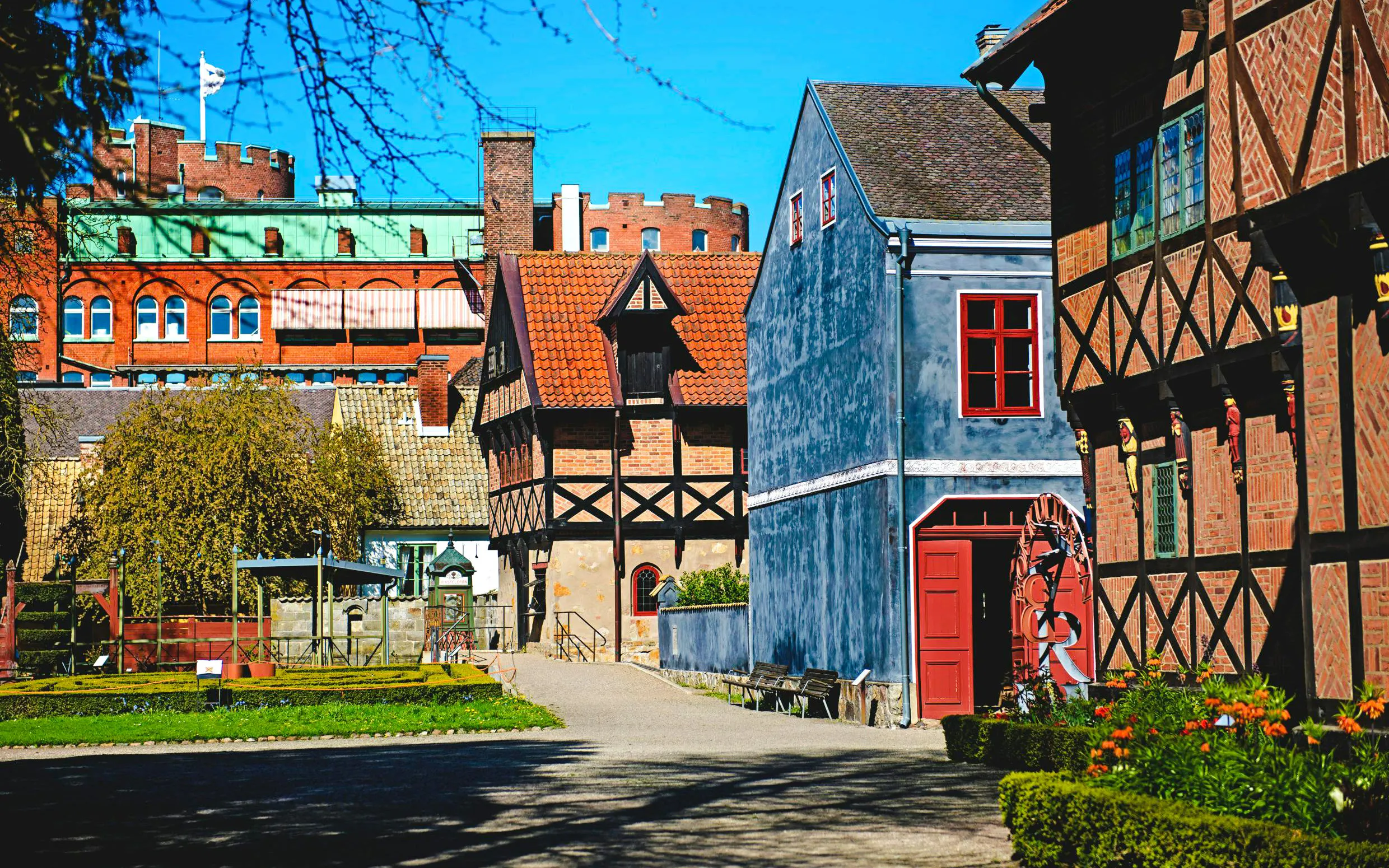 Historic buildings at Kulturen in Lund, Sweden, showcasing traditional architecture.
