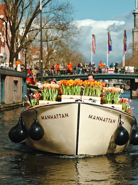Luxury cruise boat with tulips on Amsterdam canal, Westerkerk in background.