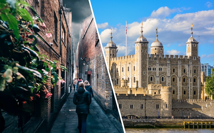 Harry Potter film location alley and Tower of London exterior.