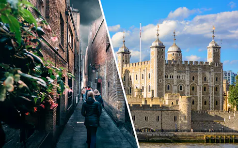 Harry Potter film location alley and Tower of London exterior.