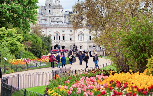 Pathway through St. James's Park with Horse Guards Parade in London, part of British Royalty walking tour.
