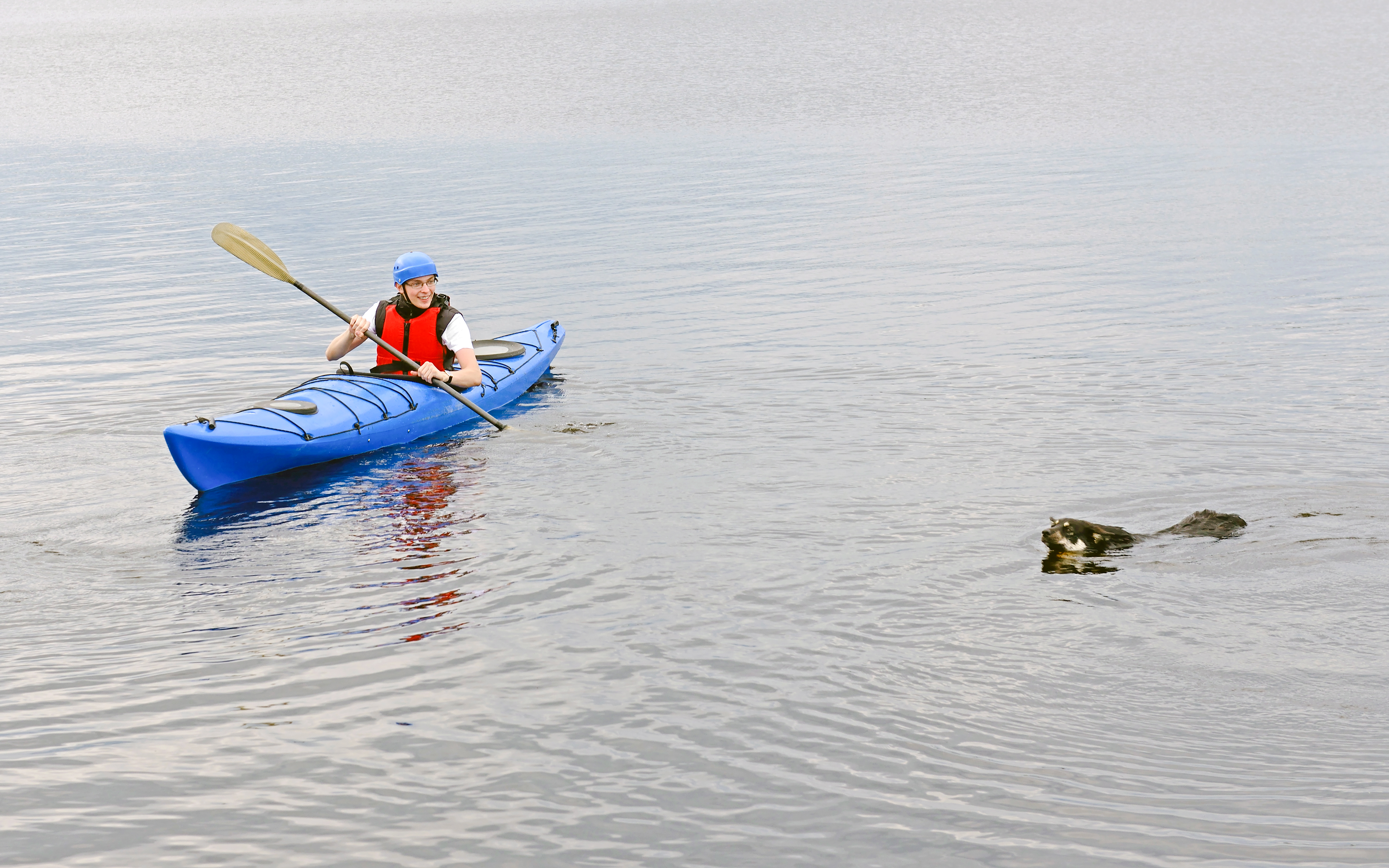 Young man kayaking with dog on a lake in Lapland, Finland.