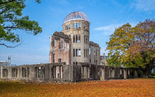 Hiroshima Peace Memorial with autumn leaves, part of World Heritage Sightseeing Bus tour.