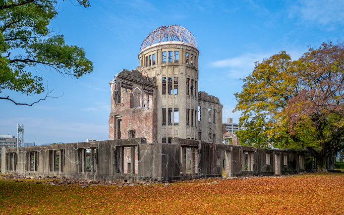 Hiroshima Peace Memorial with autumn leaves, part of World Heritage Sightseeing Bus tour.