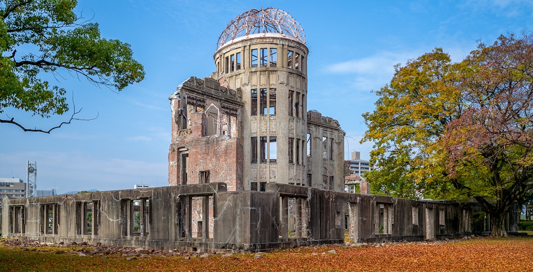 Hiroshima Peace Memorial with autumn leaves, part of World Heritage Sightseeing Bus tour.