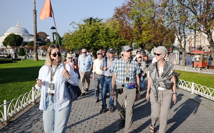 Small group on a guided tour near the Blue Mosque in Istanbul.