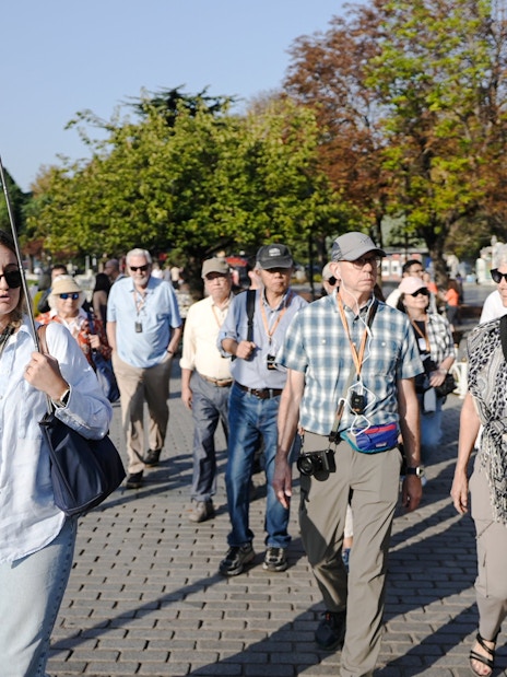 Small group on a guided tour near the Blue Mosque in Istanbul.