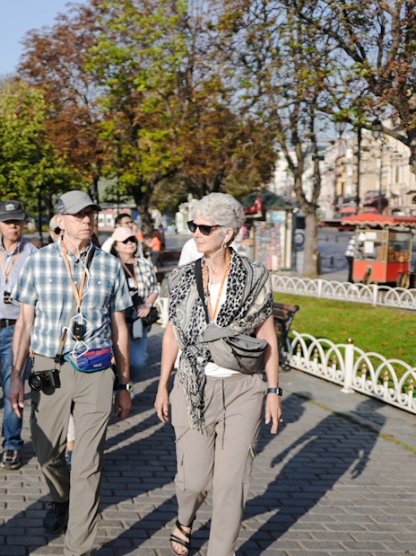 Small group on a guided tour near the Blue Mosque in Istanbul.