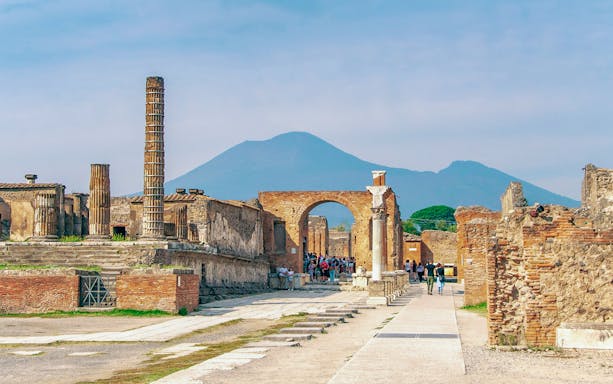 Pompeii ruins with Mount Vesuvius in the background, Italy.
