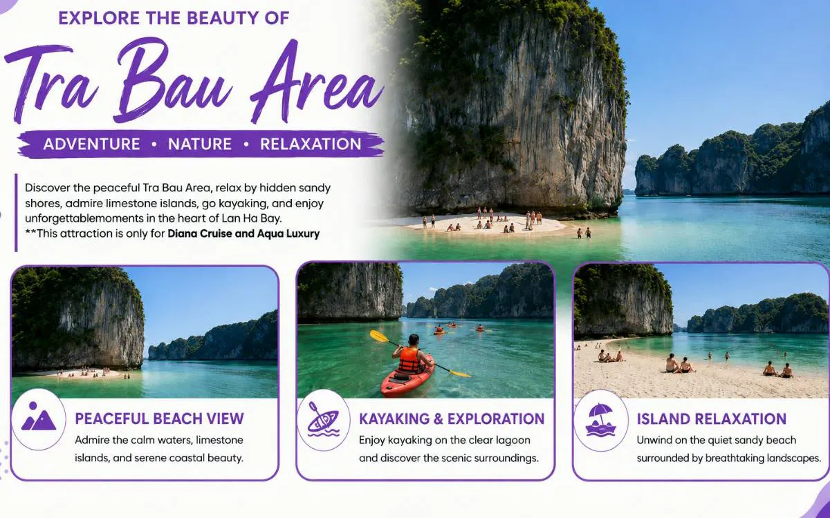 Tra Bau Area limestone cliffs and beach, kayaking in Lan Ha Bay, Vietnam.