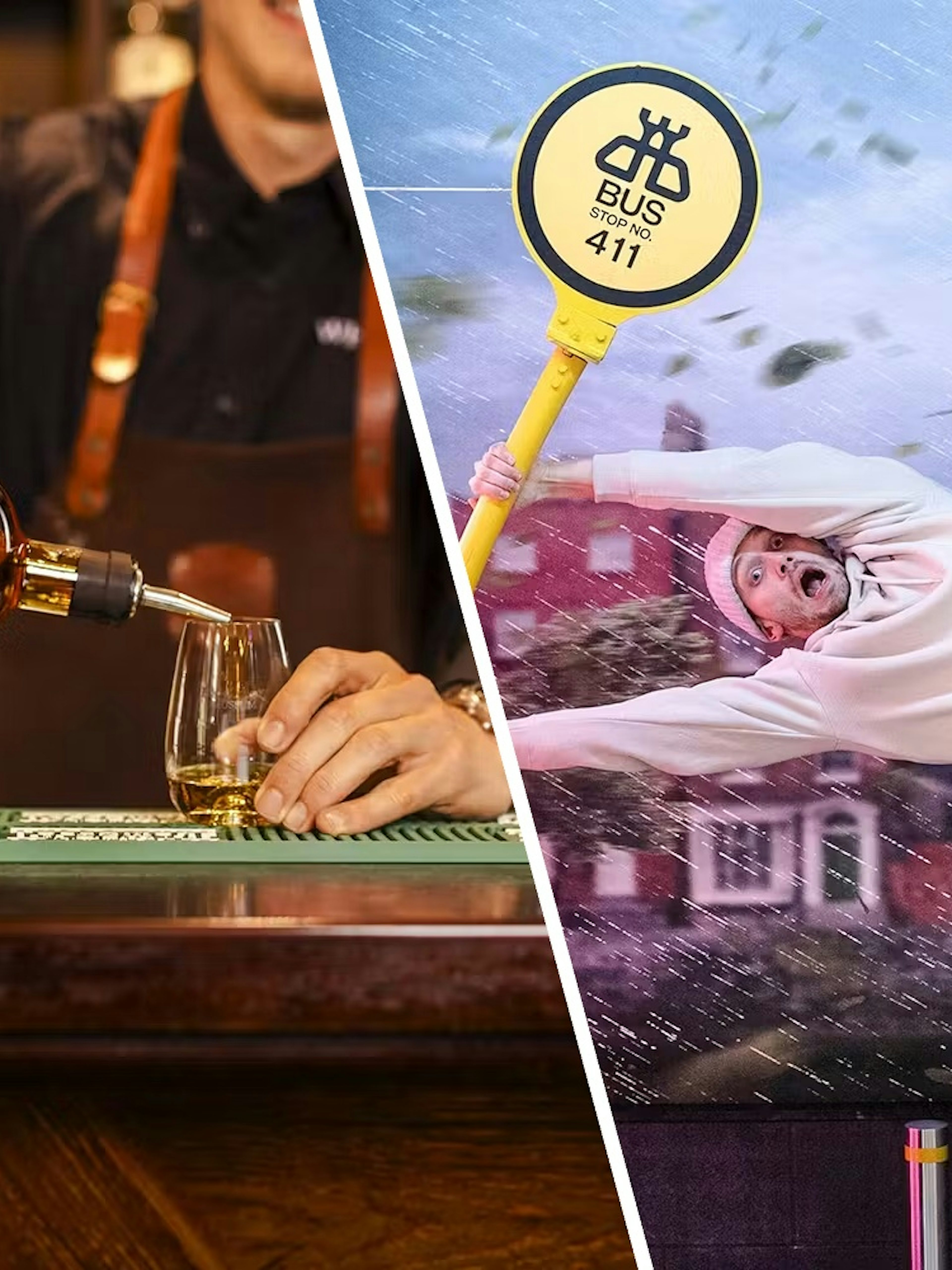Whiskey being poured at Irish Whiskey Museum; guest experiencing wind illusion at World Of Illusions.