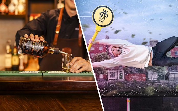 Whiskey being poured at Irish Whiskey Museum; guest experiencing wind illusion at World Of Illusions.