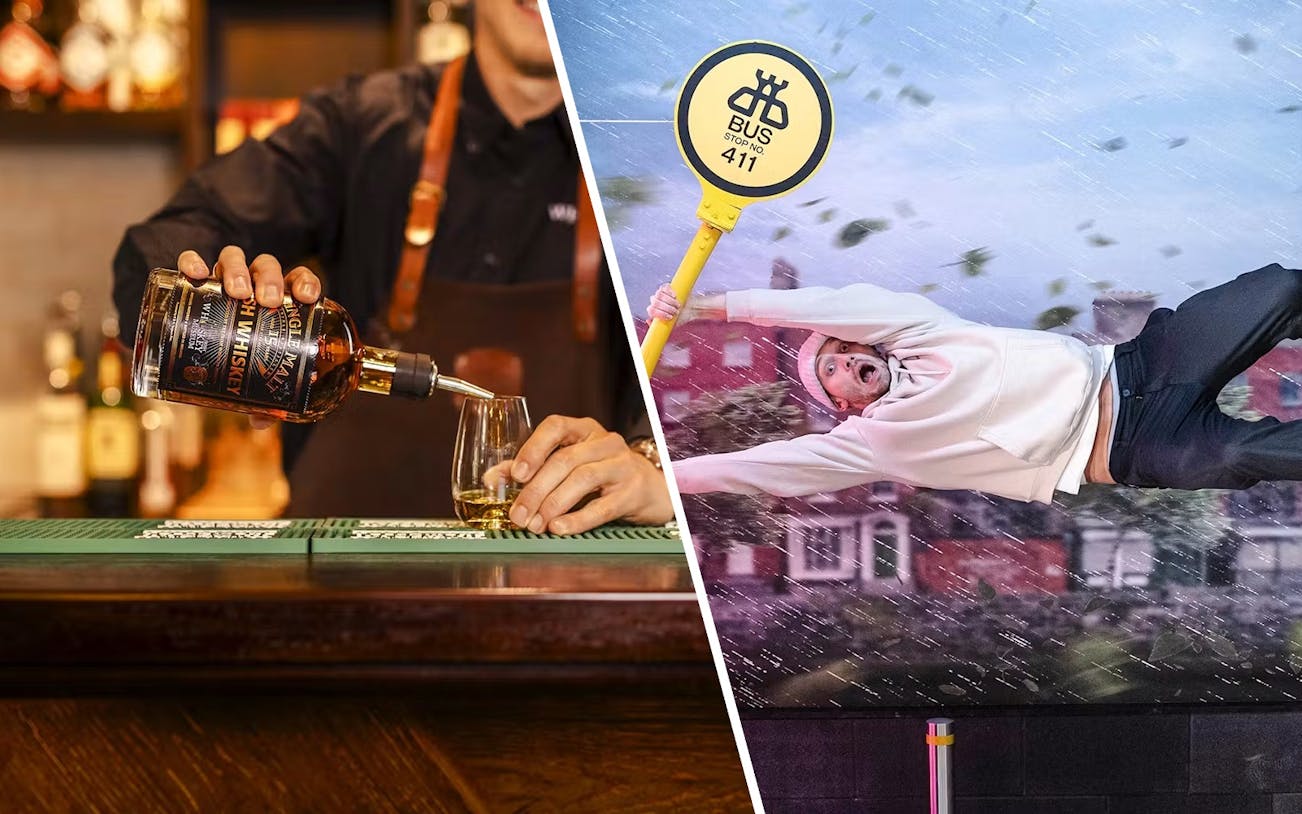 Whiskey being poured at Irish Whiskey Museum; guest experiencing wind illusion at World Of Illusions.